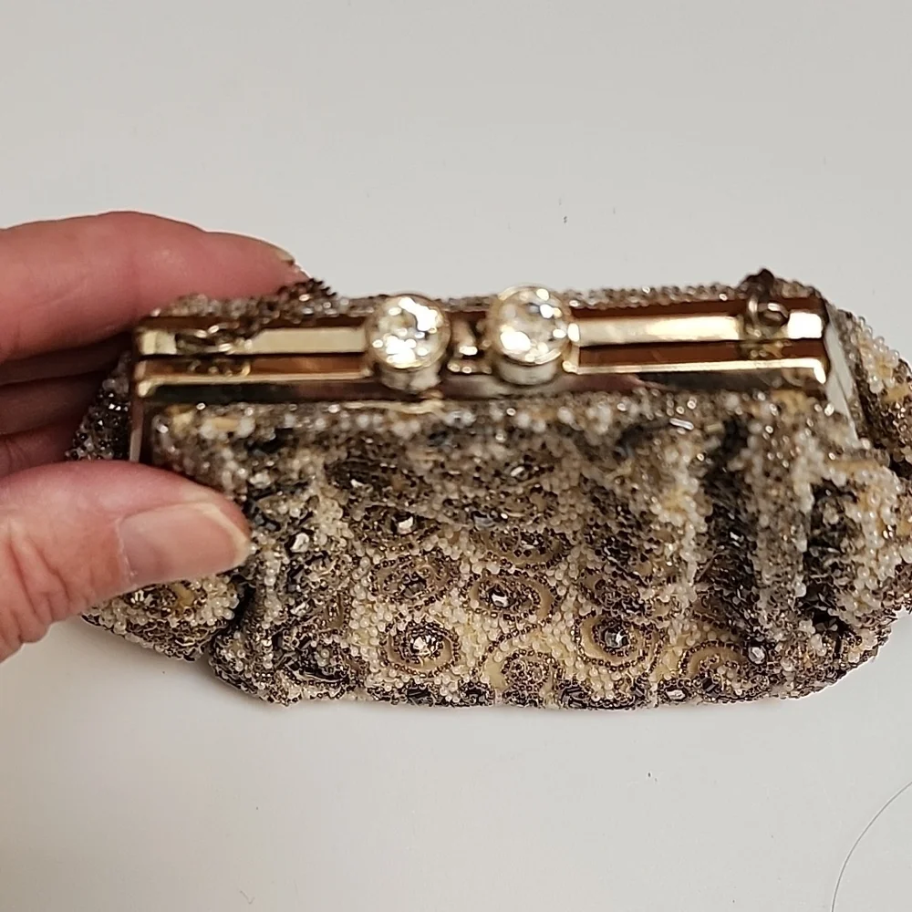 Elegant Beaded Clutch in Cream and Brown
